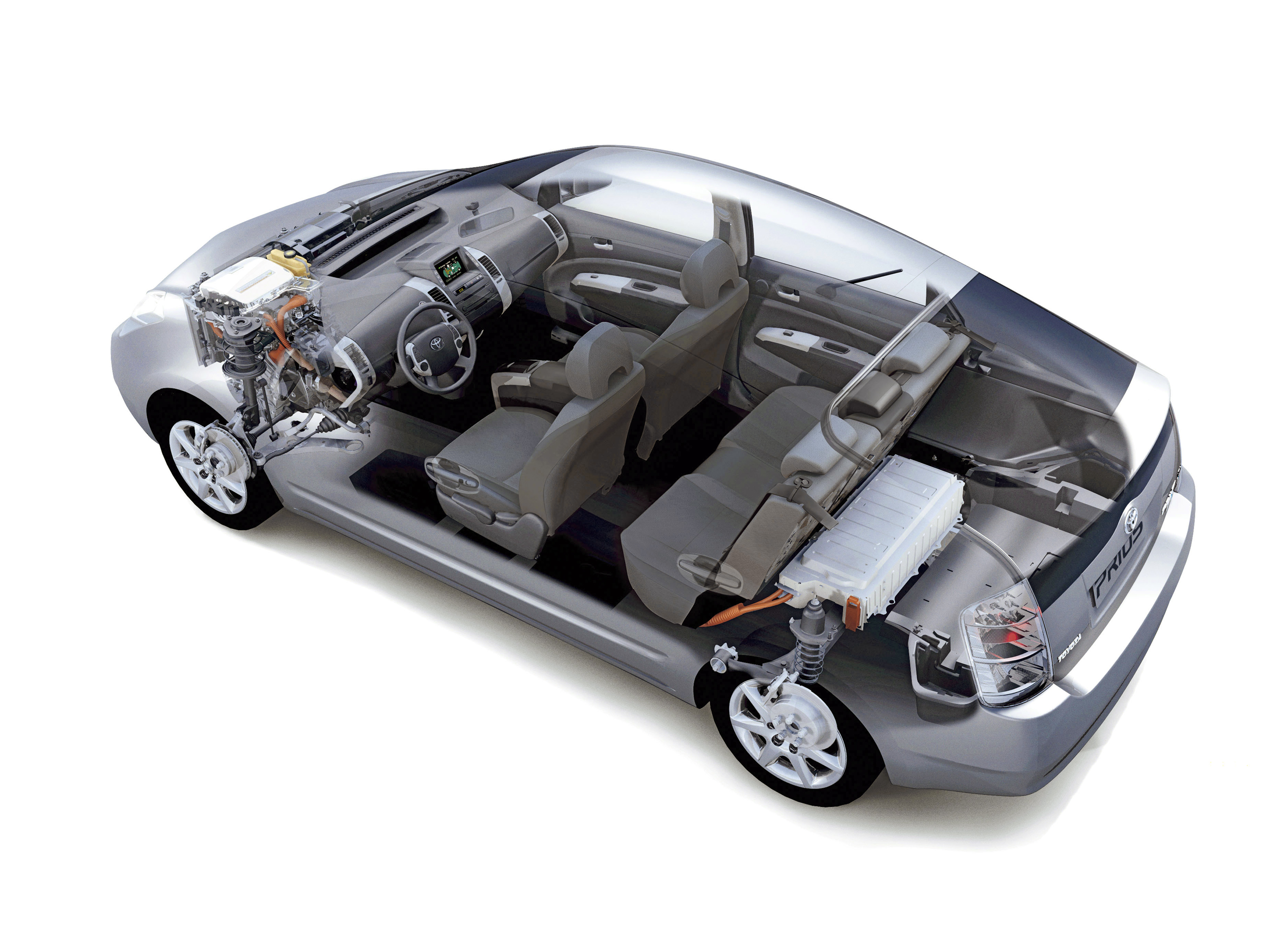 Die "Kraft der zwei Herzen": Der Hybridantrieb des Toyota Prius mit kompaktem Benzinmotor vorn und flacher Hybridbatterie im Heck erlaubt eine optimale Raumausnutzung. Foto: Toyota. Mai 2007