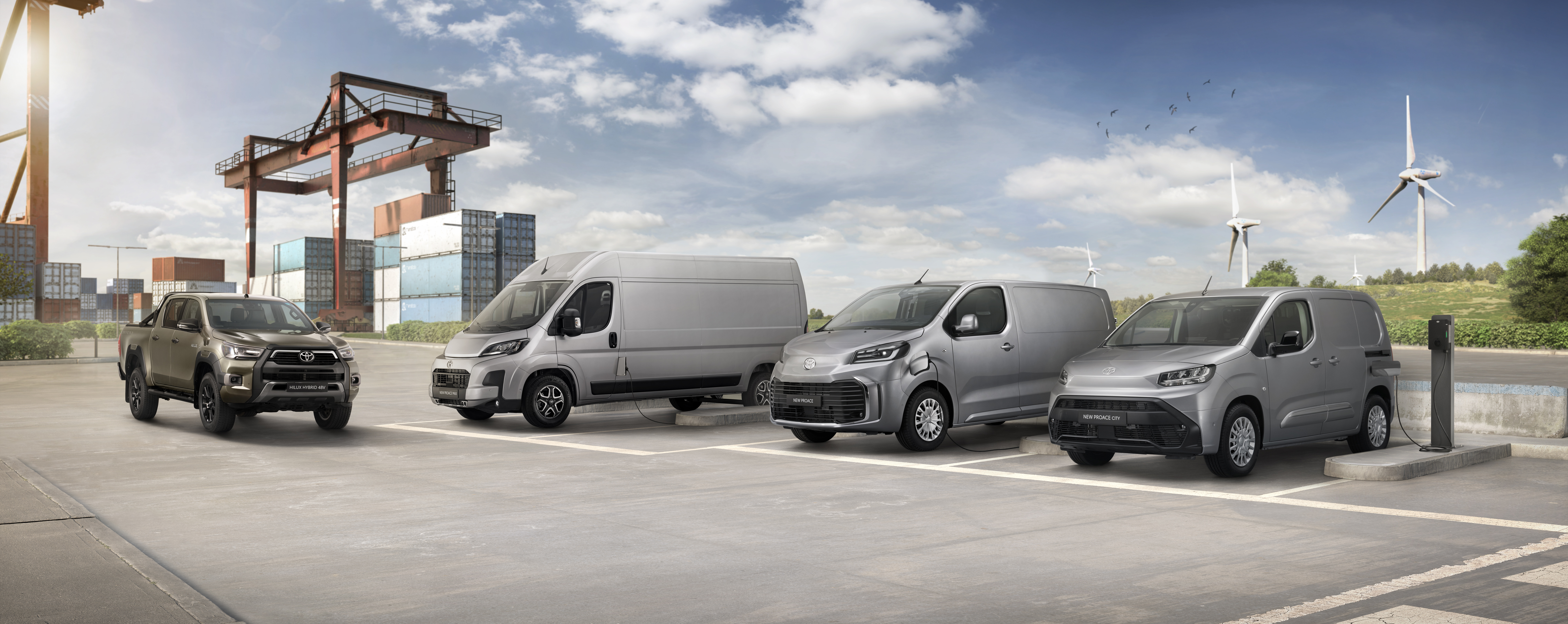 von links: Hilux Hybrid 48V, Proace Max, Proace und Proace City 