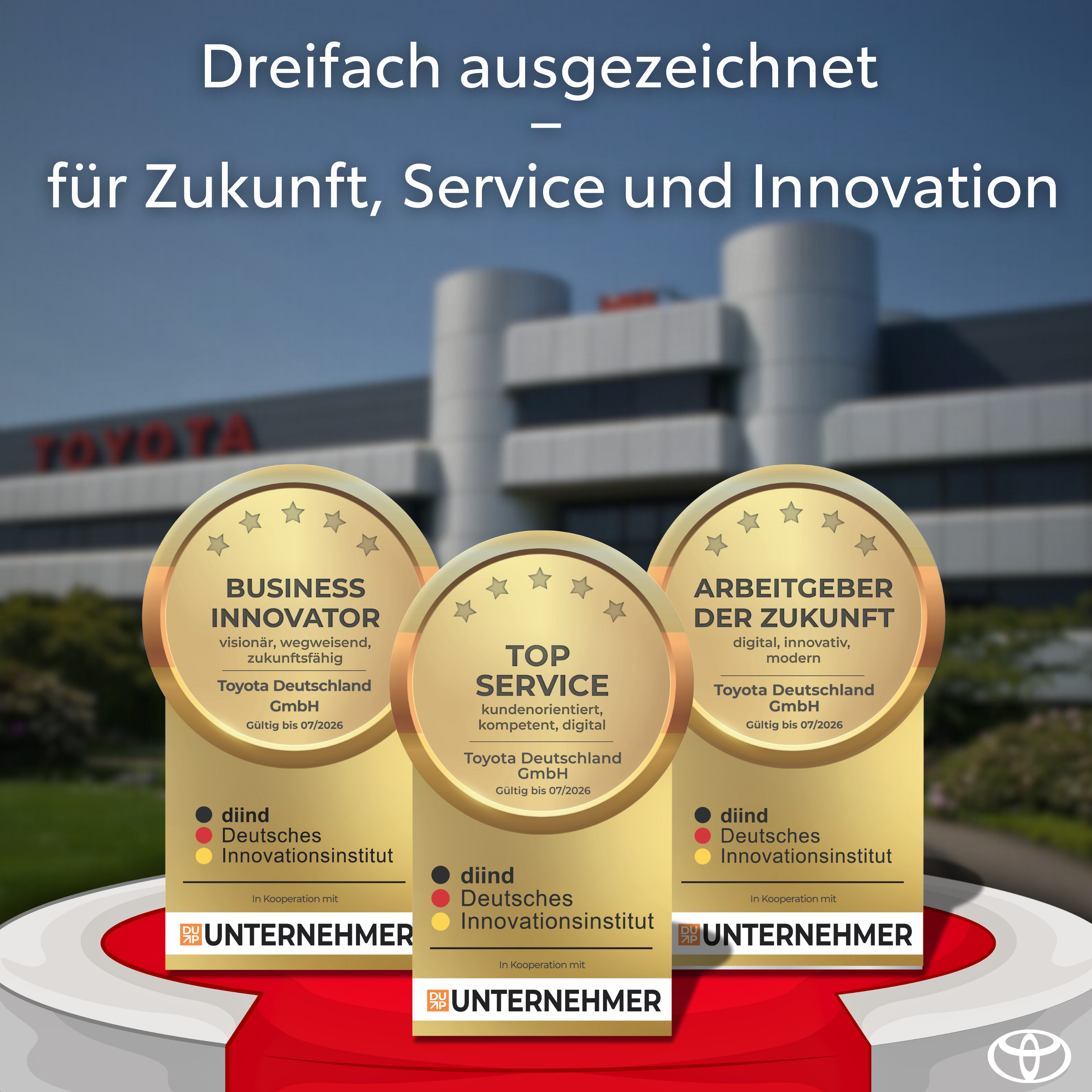 Drei Auszeichnungen, ein starkes Signal<br>
Toyota ist „Arbeitgeber der Zukunft“, „Business Innovator“ und bietet „Top Service“
